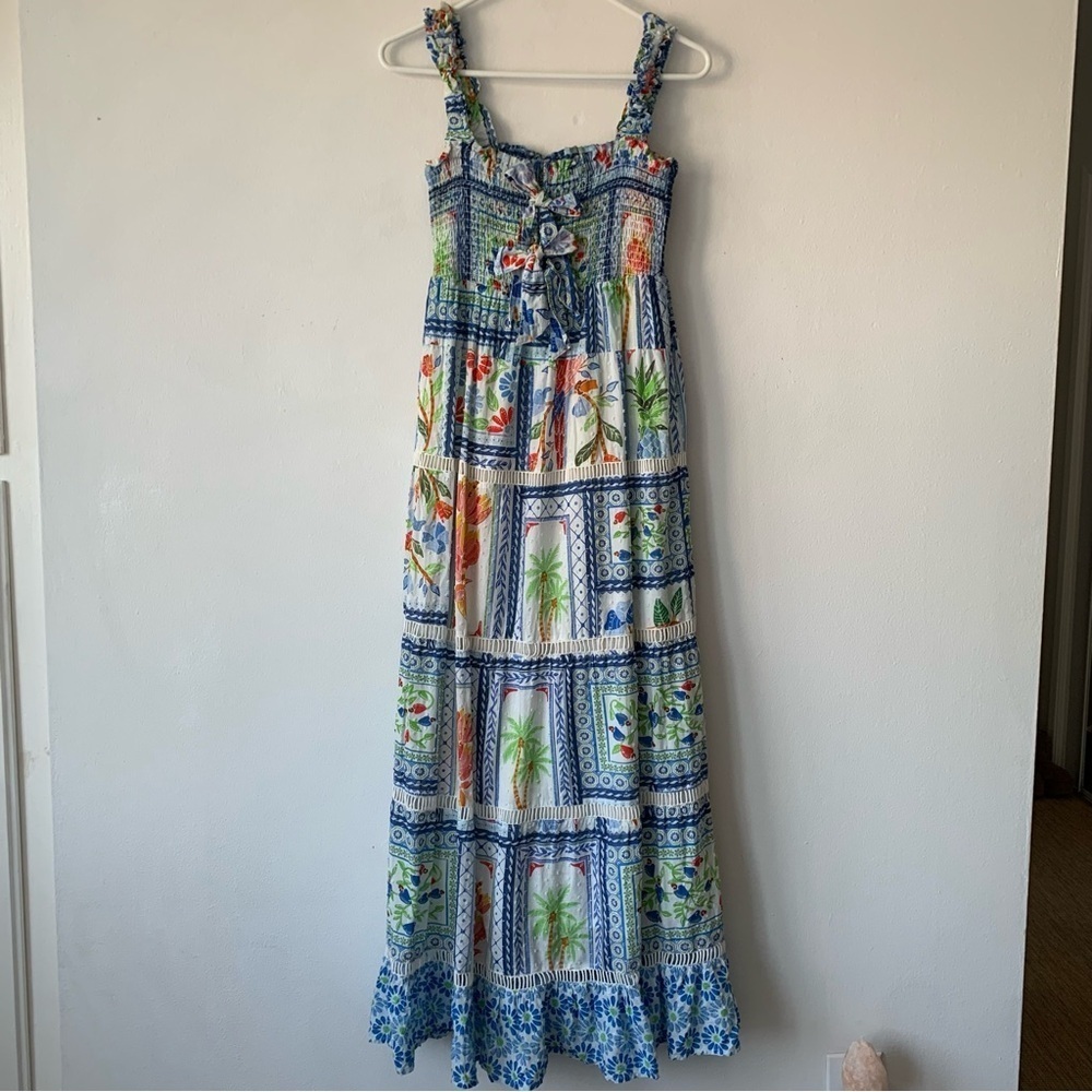 Farm Rio Tropical Tiles Cotton Square Neck Smocked Tiered A Line Maxi Dress
